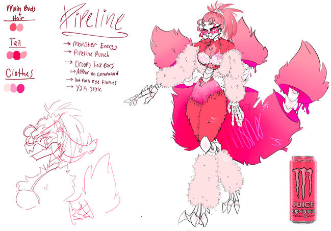 Concept art of my character based off of Monster Energy Pipeline Punch, includes bulleted list of descriptions of Pipeline