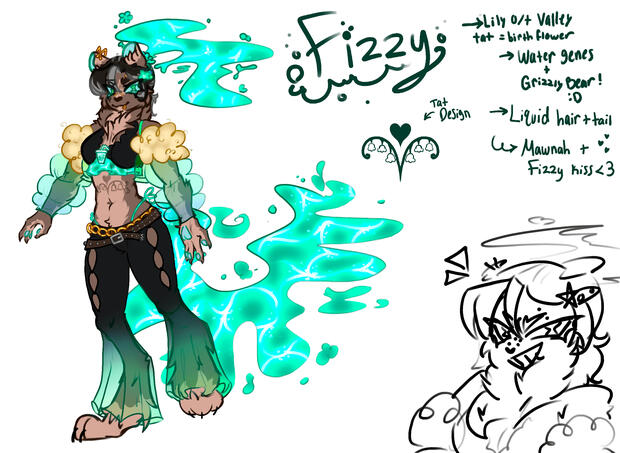 Reference of my fursona Fizzy, including bulleted list of descriptions of Fizzy