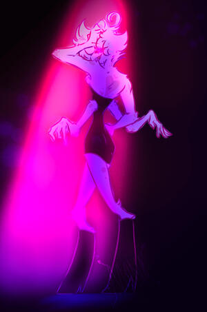 Full rendered image of Angeldust from Hazbin Hotel, experimenting with bold point lighting